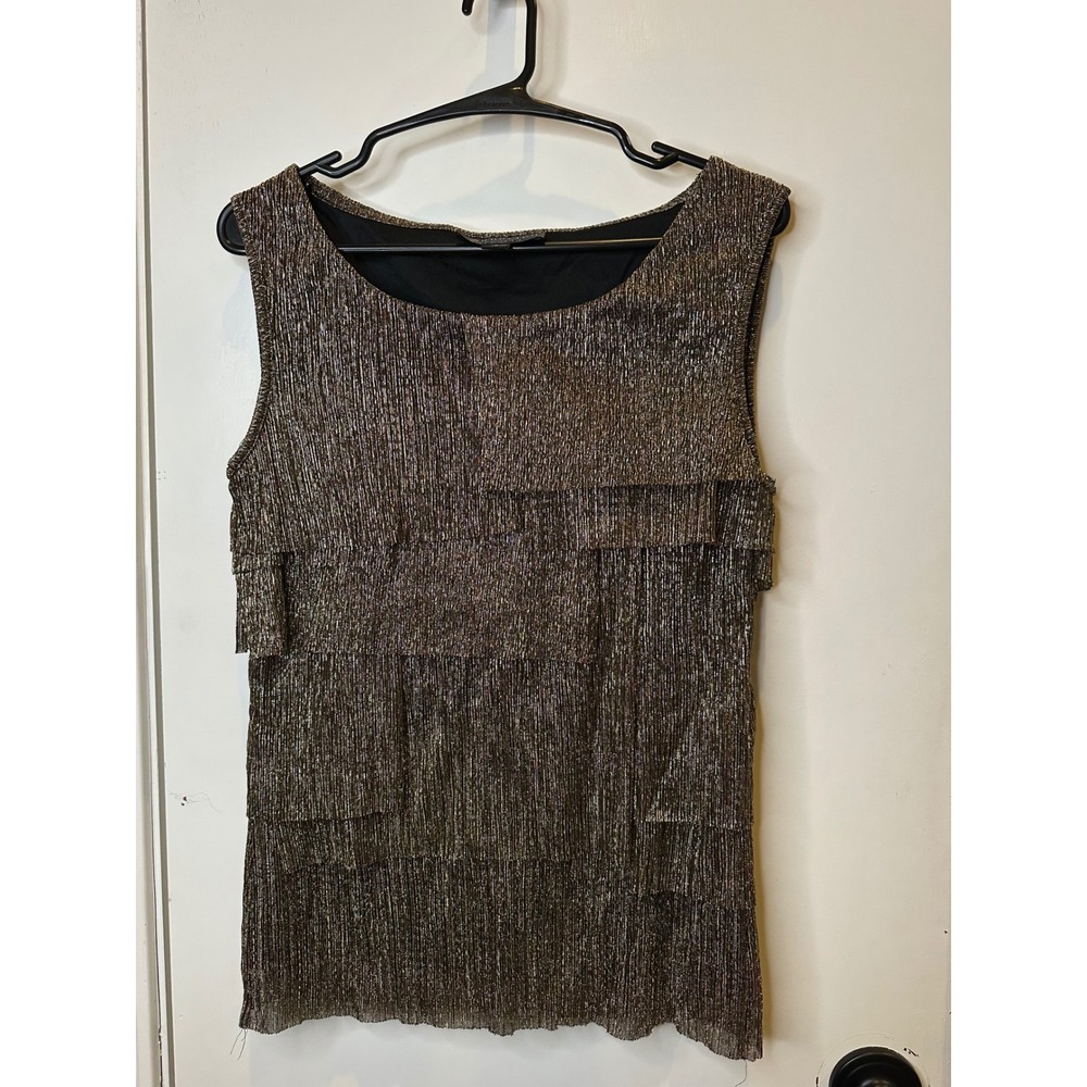 Connected Apparel Metallic Gold Tiered Sleeveless Blouse Scoop Neck Top Size 6